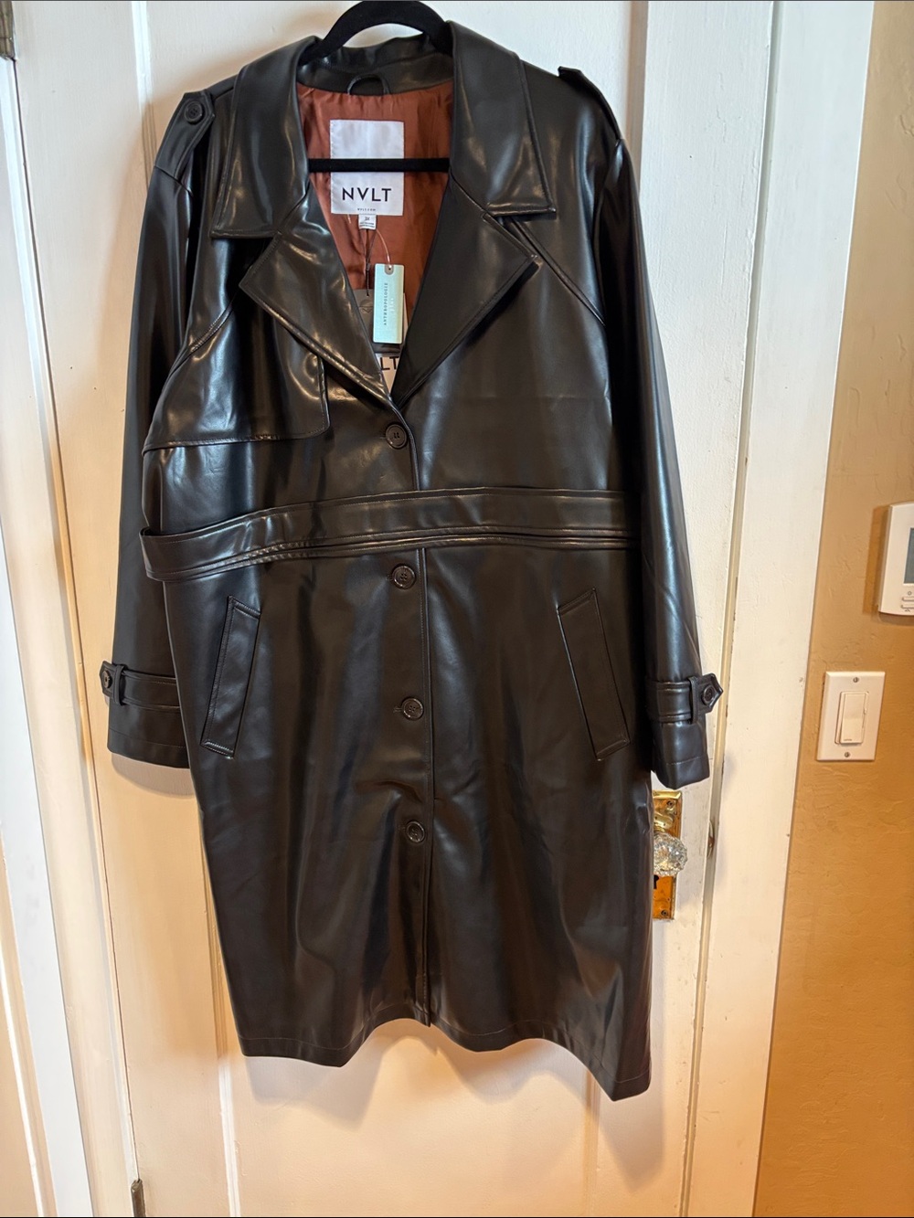 NVLT Black Vegan Leather Trench with Notched Lapel 3X